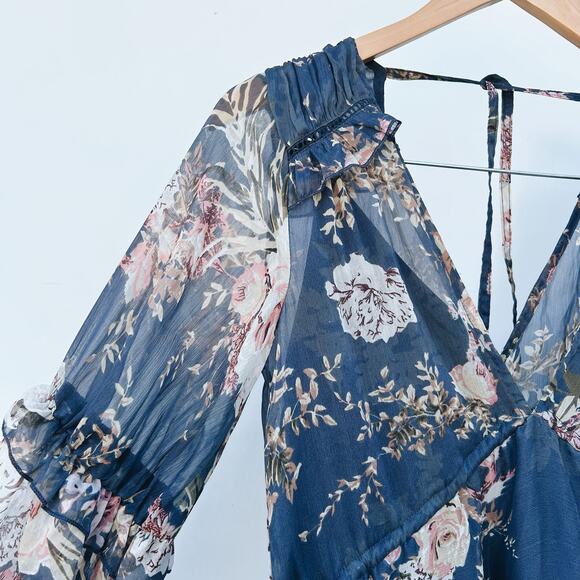 ASOS Tiered Chiffon Sheer Long Sleeve Midi Dress Navy Floral 2 Boho Flowy - Picture 8 of 12